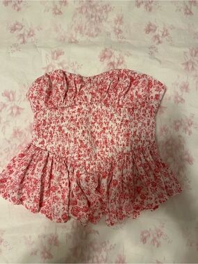 Floral Smocked Strapless Peplum Top - Pink & White